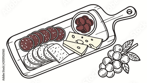 Craft charcuterie board with salami, cheese, crackers, grapes and olives, hand drawn food illustration for national salami day celebration