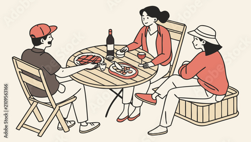 Friends enjoying picnic with gourmet delicacies, wine and snacks outdoors, social gathering and friendship concept