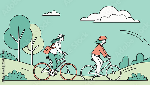 Cyclists riding bicycles through green urban park, clean city and sustainable transport concept for international day of clean air for blue skies
