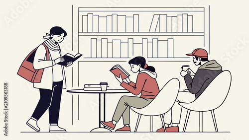 Cozy reading in cafe with young people enjoying books, modern book club, literature, education and social leisure concept