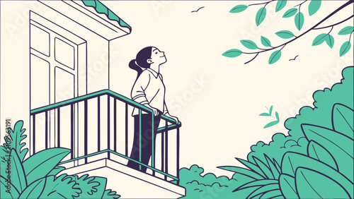 Woman standing on balcony surrounded by lush greenery, breathing fresh air and enjoying nature, breathe freely, wellness and clean environment concept