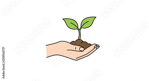 Human hand holding a handful of dark fertile soil with a small green sprout growing out of it symbolizing growth and environmental care.