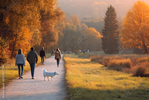Group of individuals walking along a scenic path in an autumn park, with vibrant foliage and a dog, capturing the essence of leisure and nature's beauty