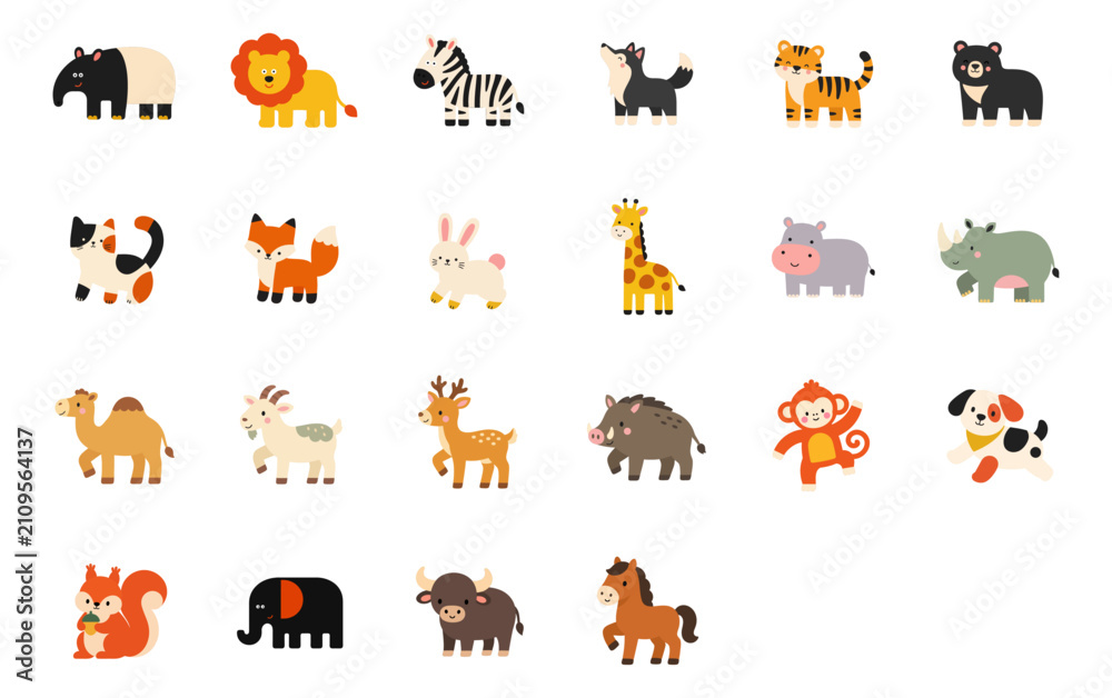 Obraz premium Set of 24 cute cartoon animal icons and elements in a grid layout