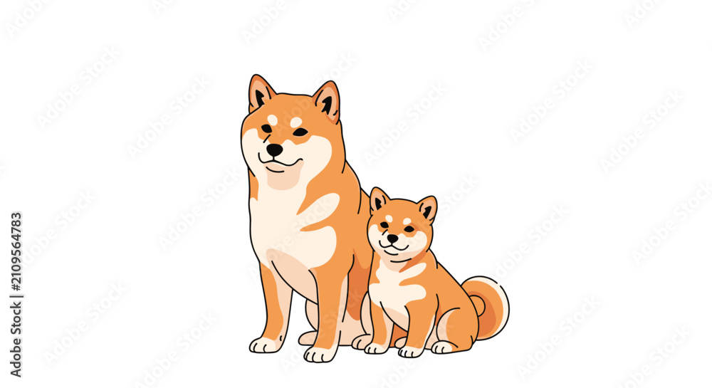 Fototapeta premium Pair of Shiba Inu dogs featuring an adult and a puppy sitting together, showing the characteristic orange and white fur of the breed.