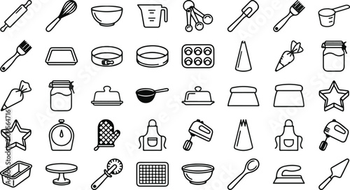 Tableau sur toile Set of various baking and kitchen cooking tools represented as simple black and