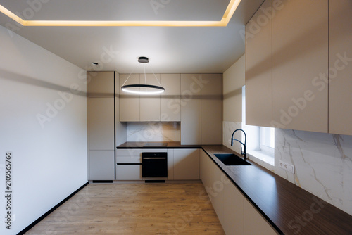 Fotografie Minimal modern kitchen interior with matte beige cabinetry built in appliances d