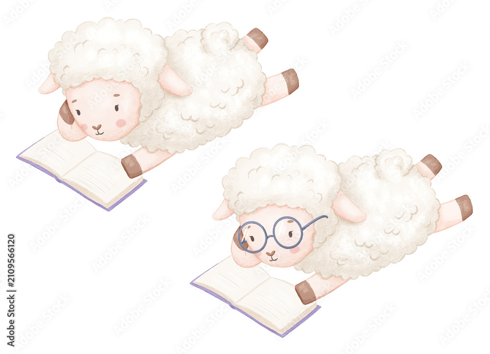 Obraz premium Cute lamb with glasses reading book. Watercolor isolated illustration for children, hand painted farm animal