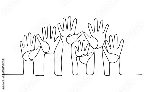Many human hands raised up in a continuous single line drawing style Vector, illustration