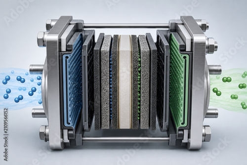 Cutaway hydrogen electrolyzer stack with layered membrane cells