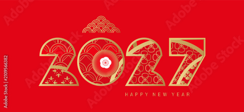 Happy Chinese New Year 2027,  red and gold  number  background  Zodiac sign, lunar new year of the Goat Vector icon