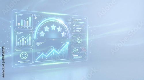 Presented on a pale blue background, a holographic customer satisfaction dashboard shows generic rating icons and trend indicators without readable text, bright clean design, customer experience
