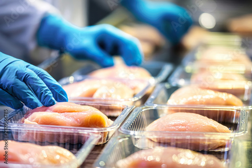 Hands in gloves place fresh chicken fillets into clear container