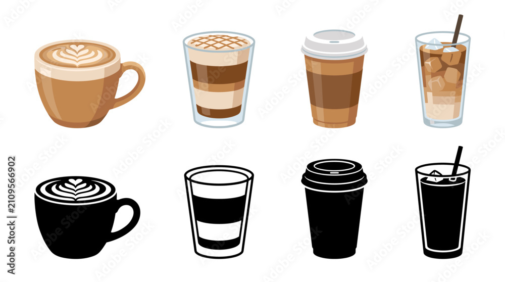 Obraz premium Professional vector collection featuring different caramel macchiato coffee servings, caramel macchiato with caramel drizzle, iced caramel macchiato, caramel espresso in tall glass