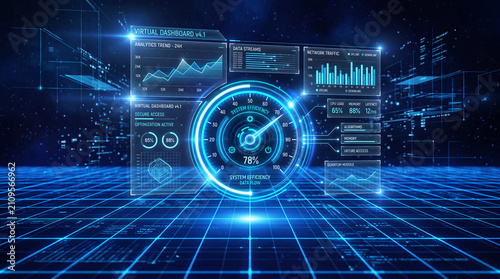 Floating above a luminous blue grid, a circular gauge and transparent interface panels create a bright abstract technology scene, no people, holographic UI, data visualization, digital interface
