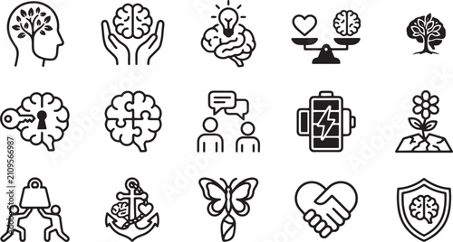 Mental wellbeing and brain psychology icon set.