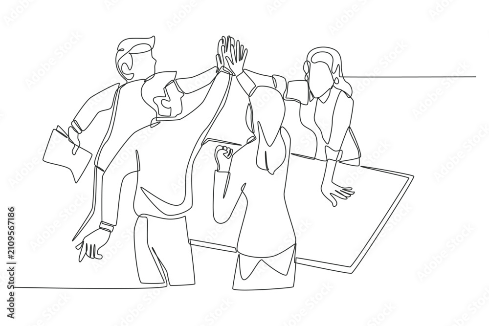 Fototapeta premium A single line drawing of human business professionals giving high fives around a meeting table, celebrating successful teamwork and deal completion in modern minimalist black line vector style