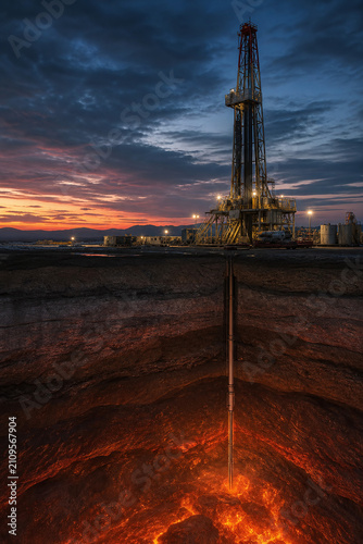Geothermal drilling rig above glowing deep rock reservoir