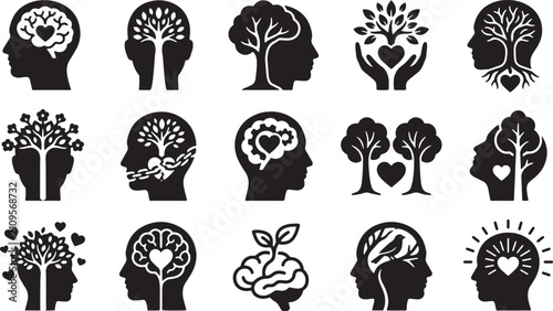 Foto Holistic mental health and emotional intelligence icons with hearts and nature motifs