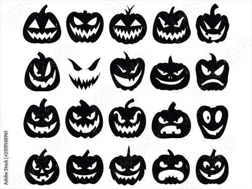 Set of twenty black silhouettes of jackolantern pumpkins