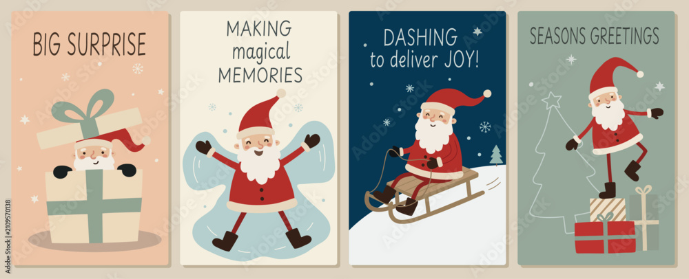 Obraz premium Christmas greeting card set with Santa, big gift, snow angel, sleigh ride, tree, presents, and playful cozy holiday slogans