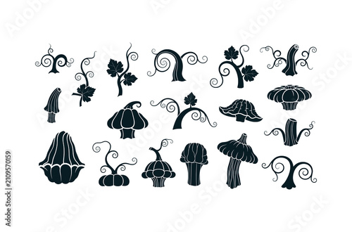 Schilderij op canvas Collection of Silhouette Pumpkin Stems and Curled Vines for Autumn Harvest and H