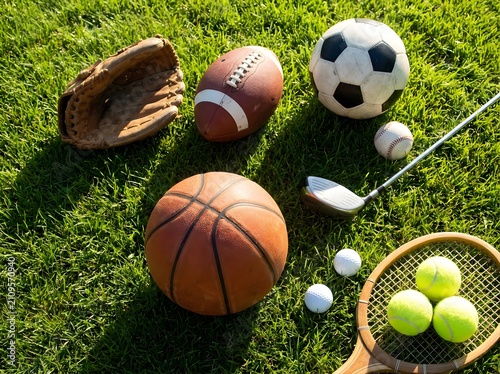 Assorted sports equipment and balls arranged on green grass outdoor