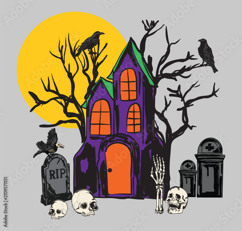 Haunted House Halloween Scene with Raven Skull Graveyard and Full Moon