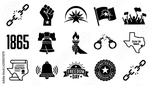 Set of juneteenth celebration icons featuring symbols of freedom emancipation and african american history