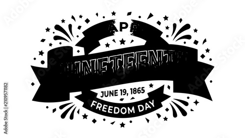 Juneteenth freedom day typographic emblem with stars and confetti isolated on a white background