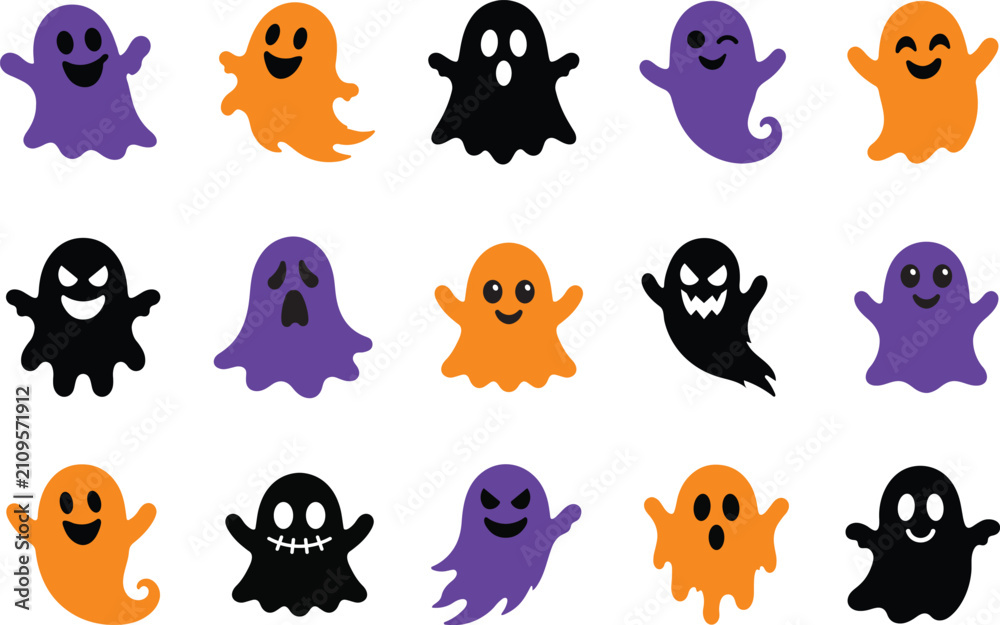 Obraz premium Collection of fifteen friendly ghost characters in black, purple, and orange colors