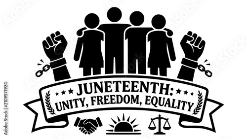 Foto Juneteenth celebration graphic with united people broken chains and symbols of f