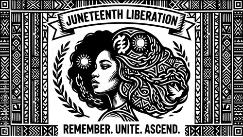 Juneteenth liberation poster art featuring a black woman with afro hair and traditional tribal patterns