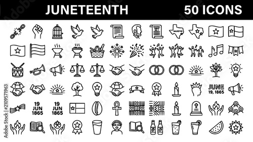 Set of fifty black and white line icons representing juneteenth celebration and african american history