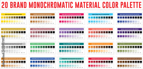 Comprehensive collection of twenty monochromatic color palettes with hex codes swatch
