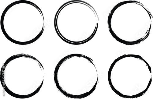 Six hand-drawn black ink circular brush strokes for frames and circle ring