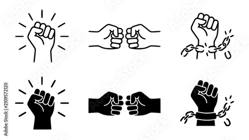 Cuadro en lienzo Set of black and white hand icons representing protest unity and breaking free f
