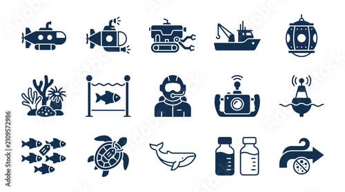 Bild auf Leinwand Marine research icons showcase various underwater vessels and ocean life as a comprehensive set for scientific study