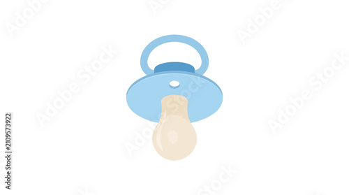 Close up of a blue baby pacifier with a light beige nipple isolated on a white background