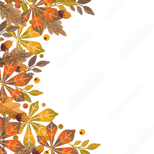 Autumn leaf frame. Autumn, Fall, Thanksgiving background. Beautiful falling leaves, berries, acorns. Vector illustration