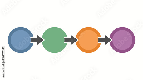 Process map features colorful circular stages linked by arrows to represent a linear workflow progression.