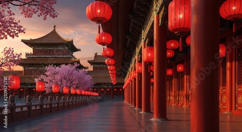traditional chinese palace background with red pillars and lanterns