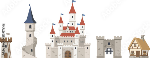 Medieval Castle and Kingdom Building Elements Set, Flat Vector Fairytale Fortress, Stone Towers, Gatehouse and Village Cottage Isolated on White Background