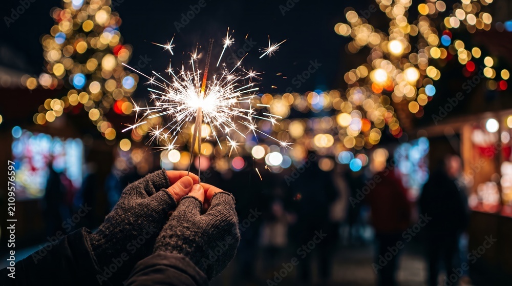 Fototapeta premium A person holds a lit sparkler against a festive market backdrop. The concept captures celebration, holiday spirit, and joyful gatherings, perfect for New Year's or Christmas themes. Generative AI.