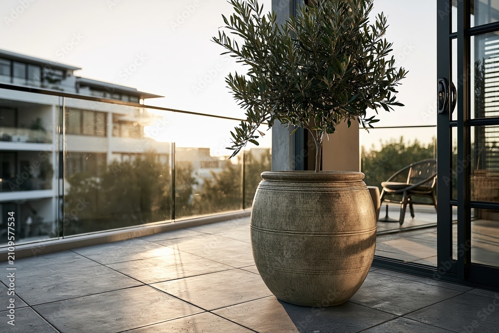 Obraz premium Serene Balcony Oasis with Olive Tree and City View at Sunset