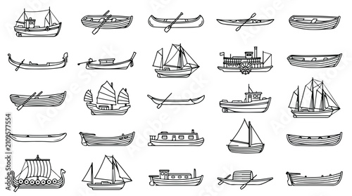 Fotografie Hand drawn boat icons set, vintage nautical vessel sketches, collection of 25 ma