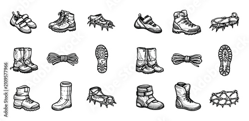Obraz na plátně Outdoor and hiking concept icons with boot, crampon and shoelace for infographic