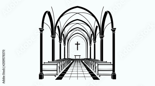 Bild auf Leinwand Gothic Church Interior, Arches, Pews, Altar, Cross Silhouette - Vector Illustrat