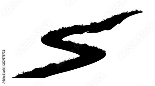 Fotografie Abstract black silhouette resembling a winding river or path, with textured edges suggesting grass or uneven terrain, isolated on a stark white background