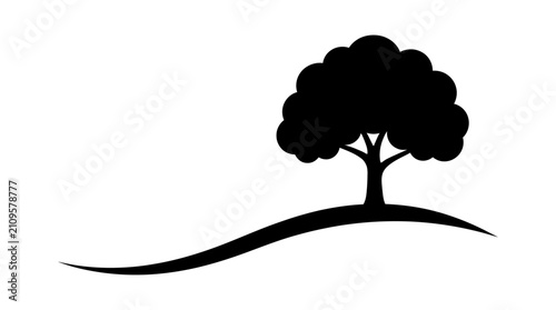 Obraz na płótnie Stylized black silhouette of a tree with a full, rounded canopy standing on a curved, undulating ground line against a plain white background